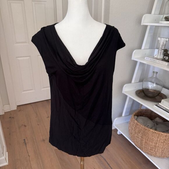 NEW Femme Black Two Tone Blouse Sz L Sexy Top Stretchy Dressy Office Dark - Picture 2 of 9